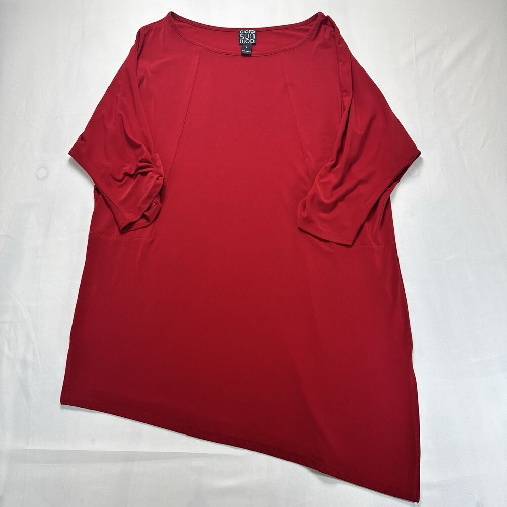 Clara Sunwoo Women's Knit 3/4 Button Sleeve Tunic Asymmetrical Size S Red